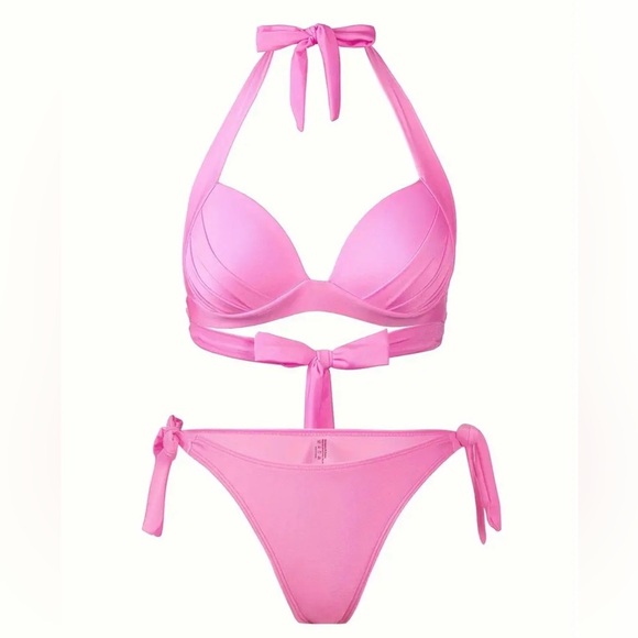 Pink Halter Push Up Tie Side Bikini Set - Picture 2 of 7